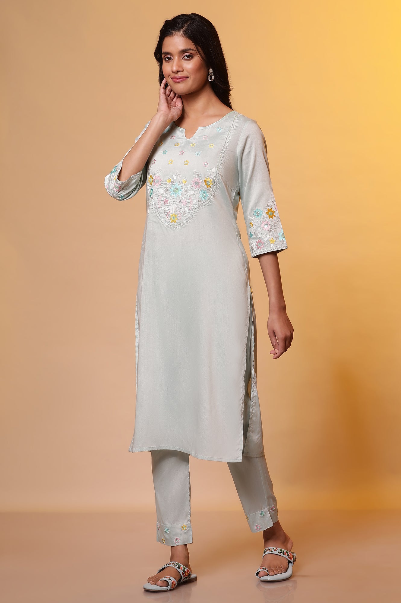 Sea Green Embroidered Kurta, Pants and Dupatta Set