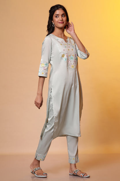 Sea Green Embroidered Kurta, Pants and Dupatta Set