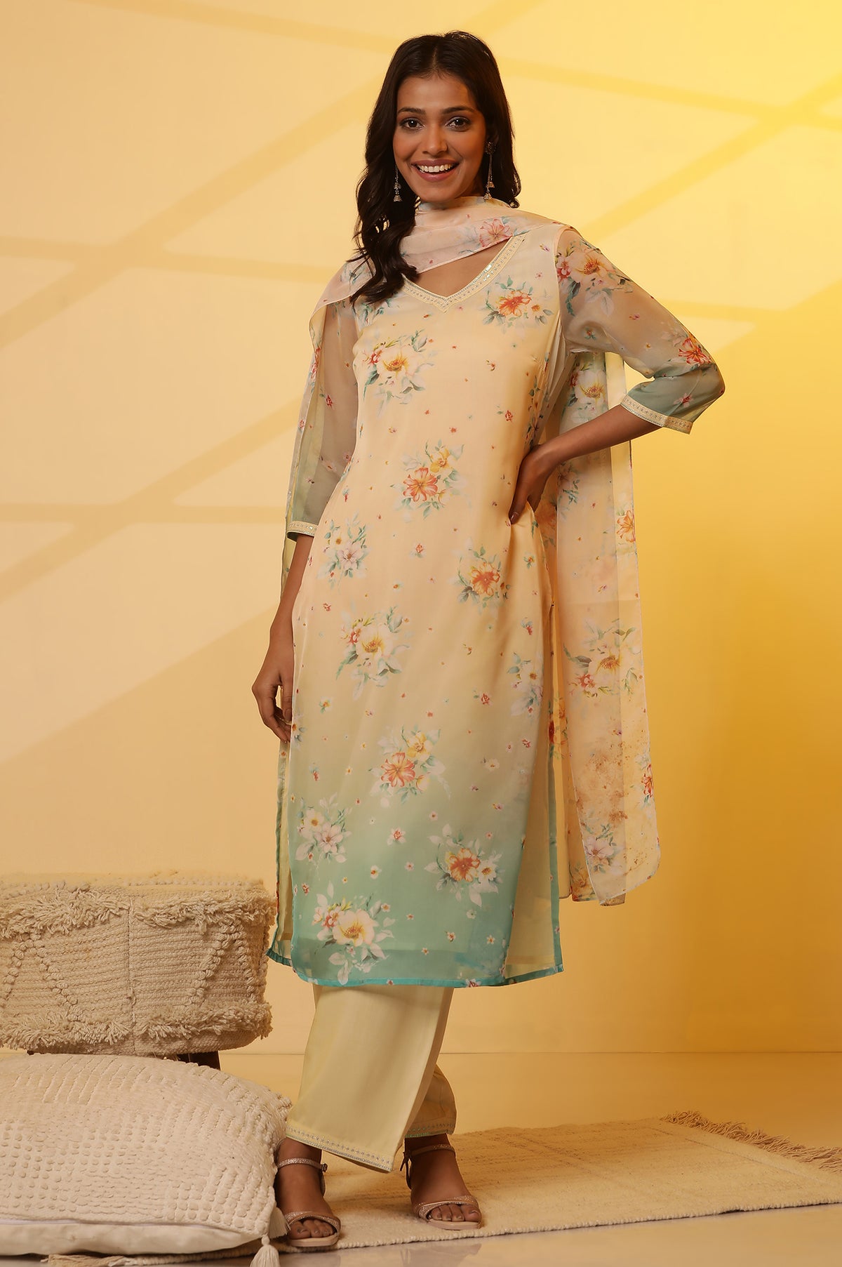 Elleven Women's Cream and Teal Coloured Printed Kurta, Pants and Dupatta Set - L