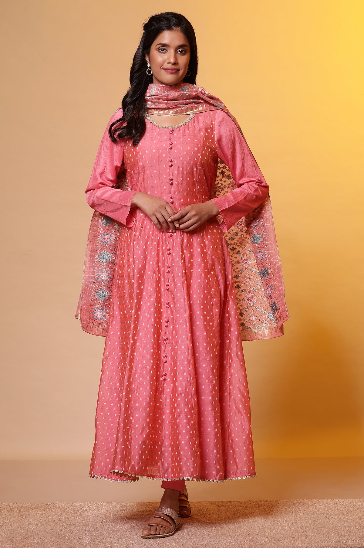 Pink Yarn-Dyed Anarkali Kurta, Tights and Dupatta Set - S