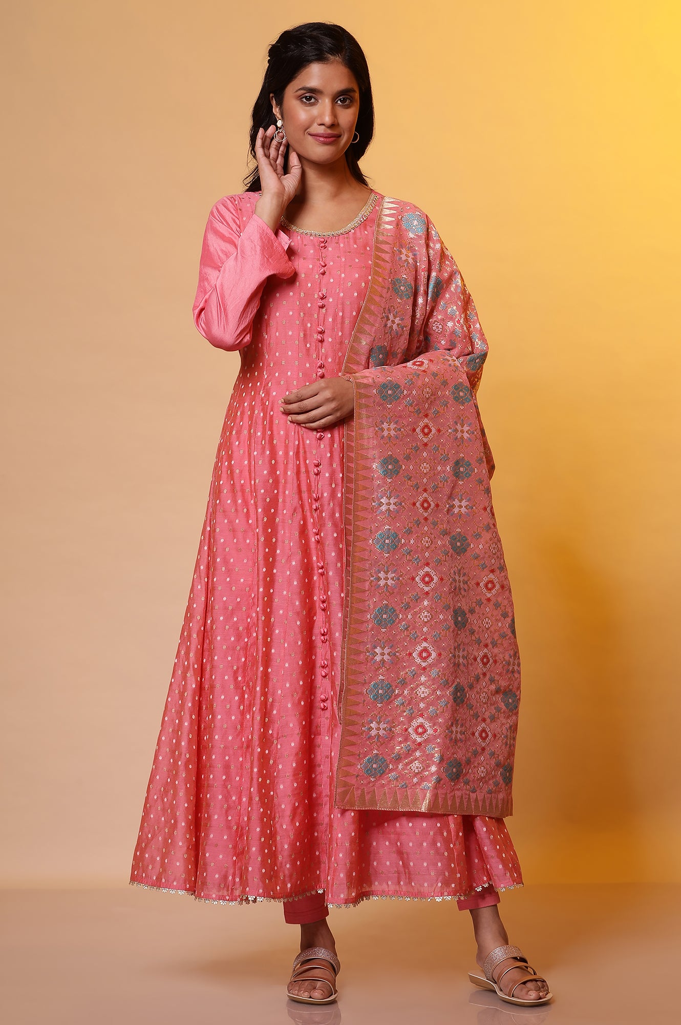 Pink Yarn-Dyed Anarkali Kurta, Tights and Dupatta Set