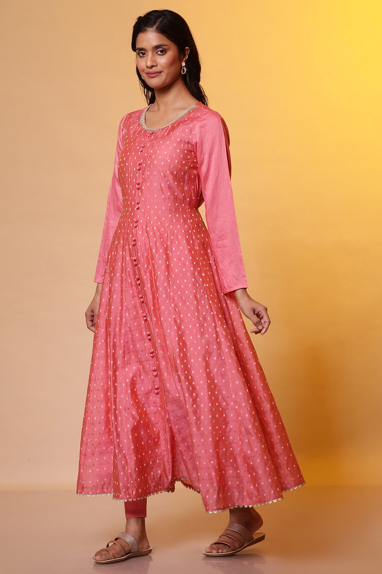 Pink Yarn-Dyed Anarkali Kurta, Tights and Dupatta Set