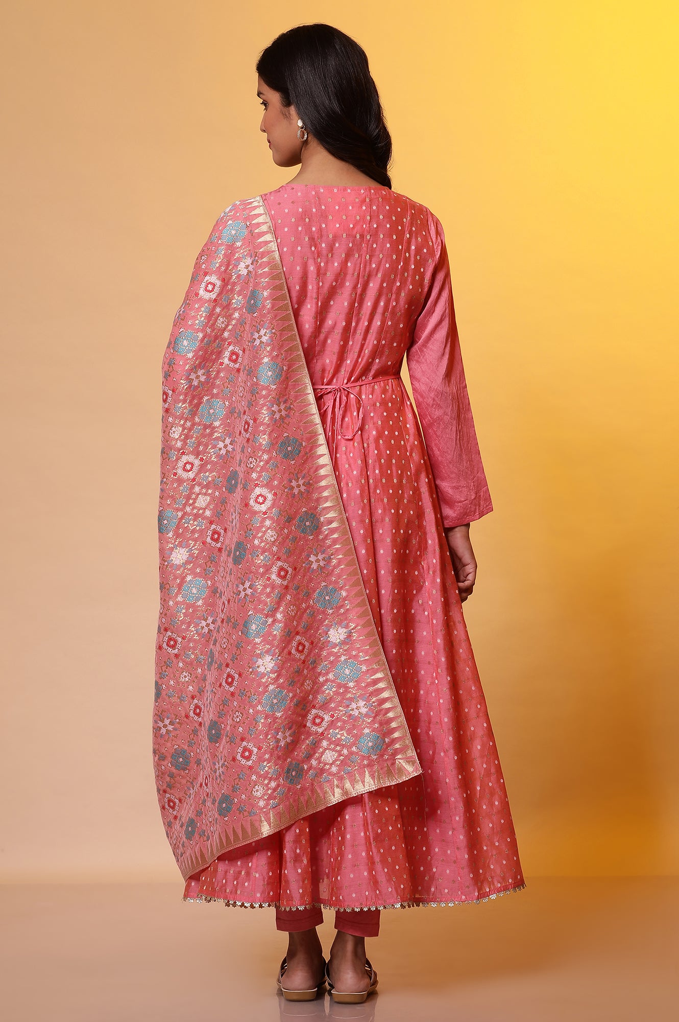 Pink Yarn-Dyed Anarkali Kurta, Tights and Dupatta Set