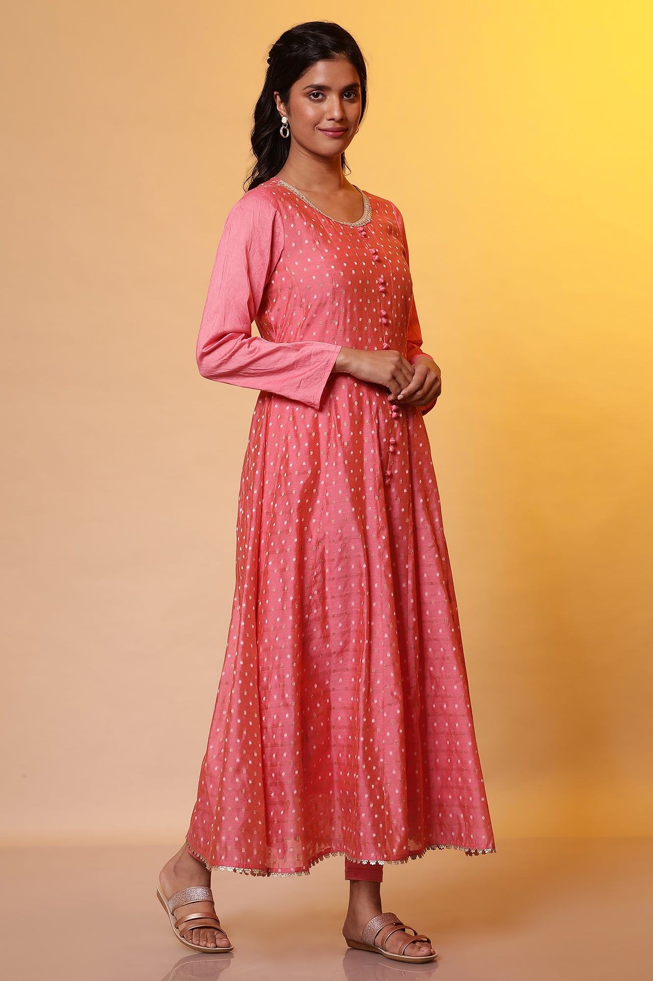 Pink Yarn-Dyed Anarkali Kurta, Tights and Dupatta Set