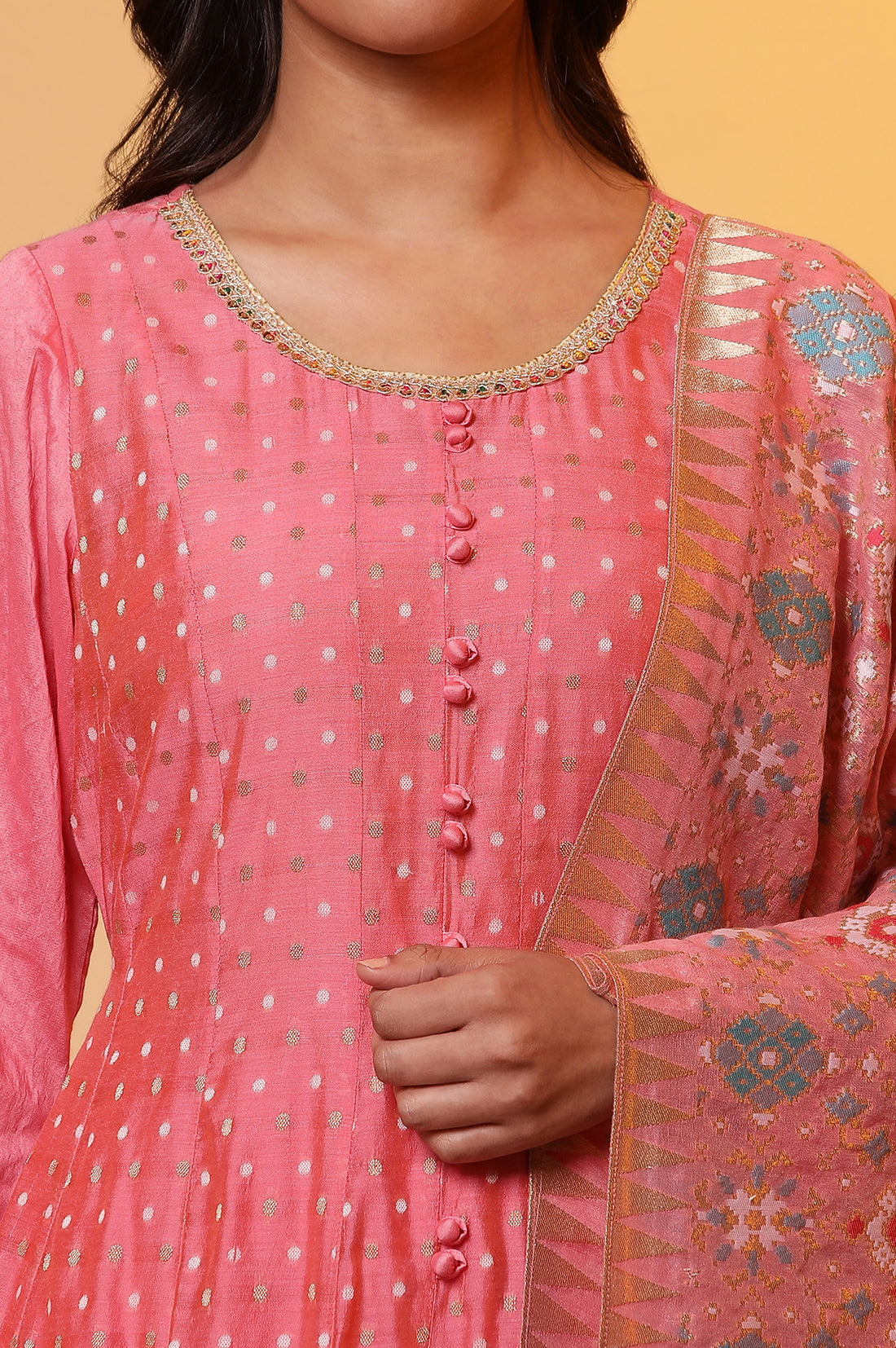 Pink Yarn-Dyed Anarkali Kurta, Tights and Dupatta Set