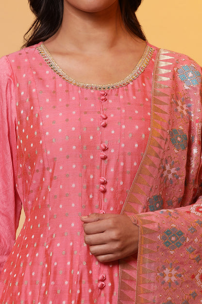 Pink Yarn-Dyed Anarkali Kurta, Tights and Dupatta Set