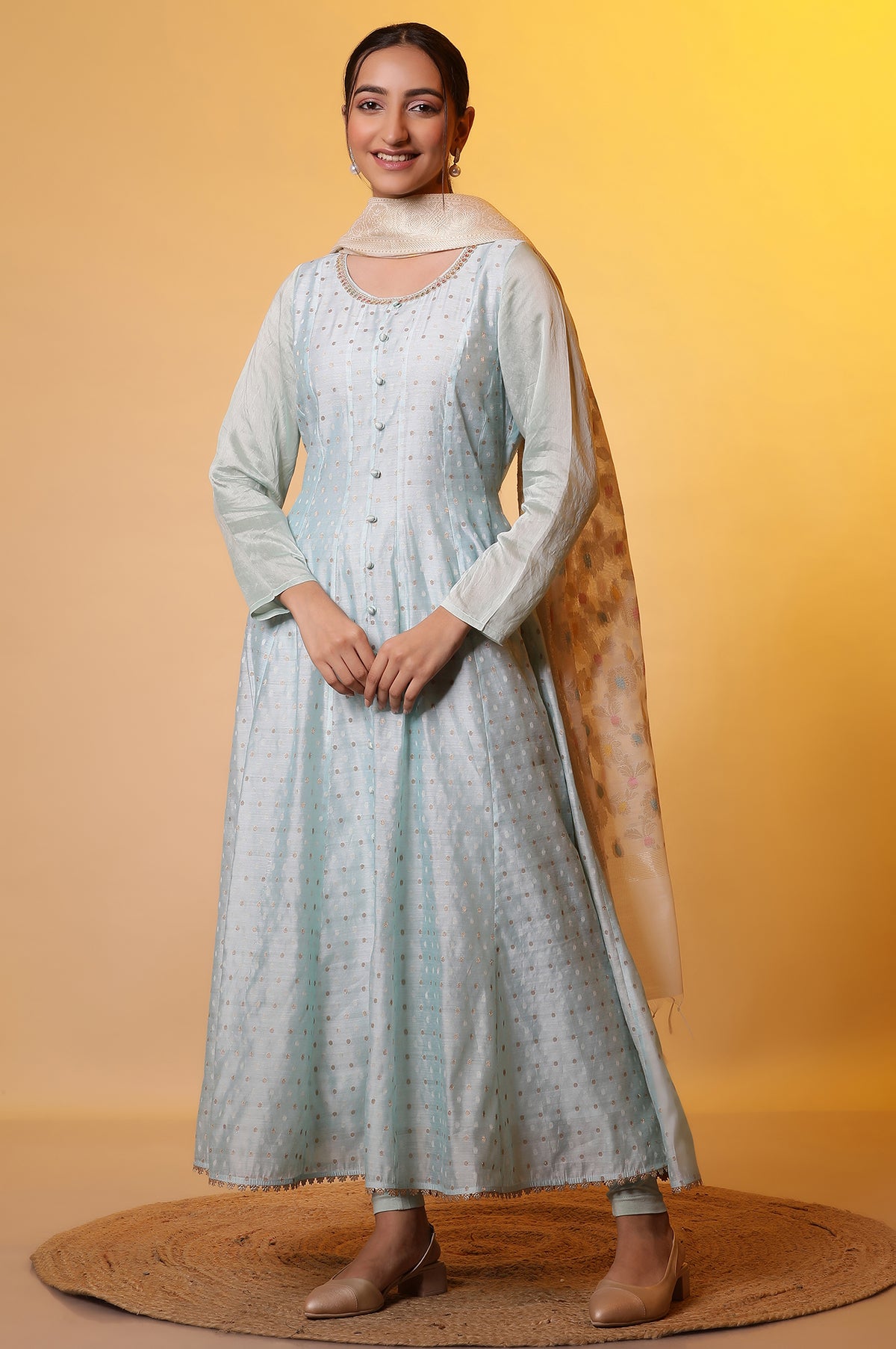 Blue Yarn-Dyed Anarkali Kurta, Tights and Dupatta Set - S