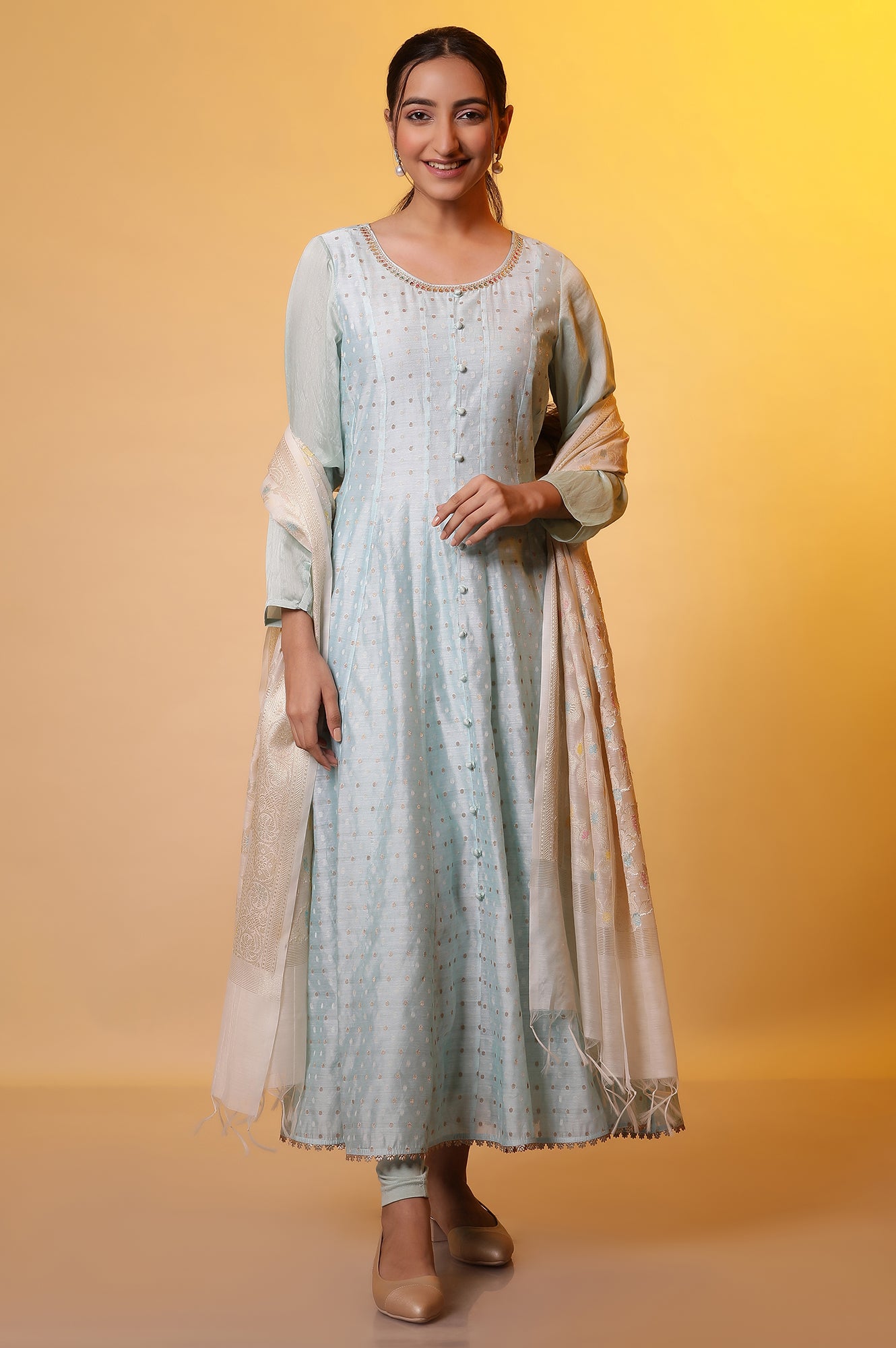 Blue Yarn-Dyed Anarkali Kurta, Tights and Dupatta Set