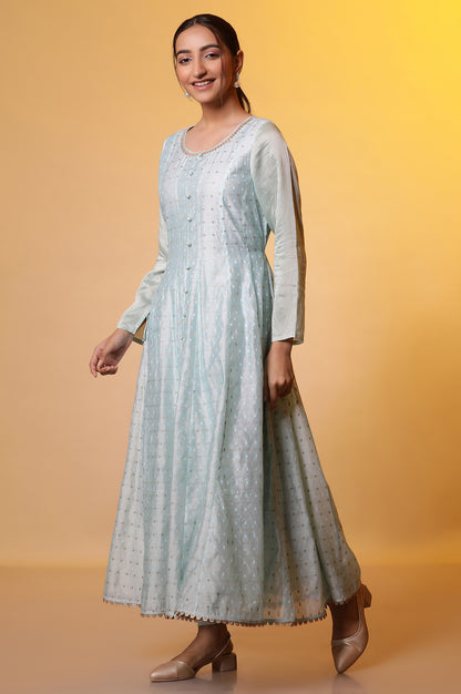 Blue Yarn-Dyed Anarkali Kurta, Tights and Dupatta Set