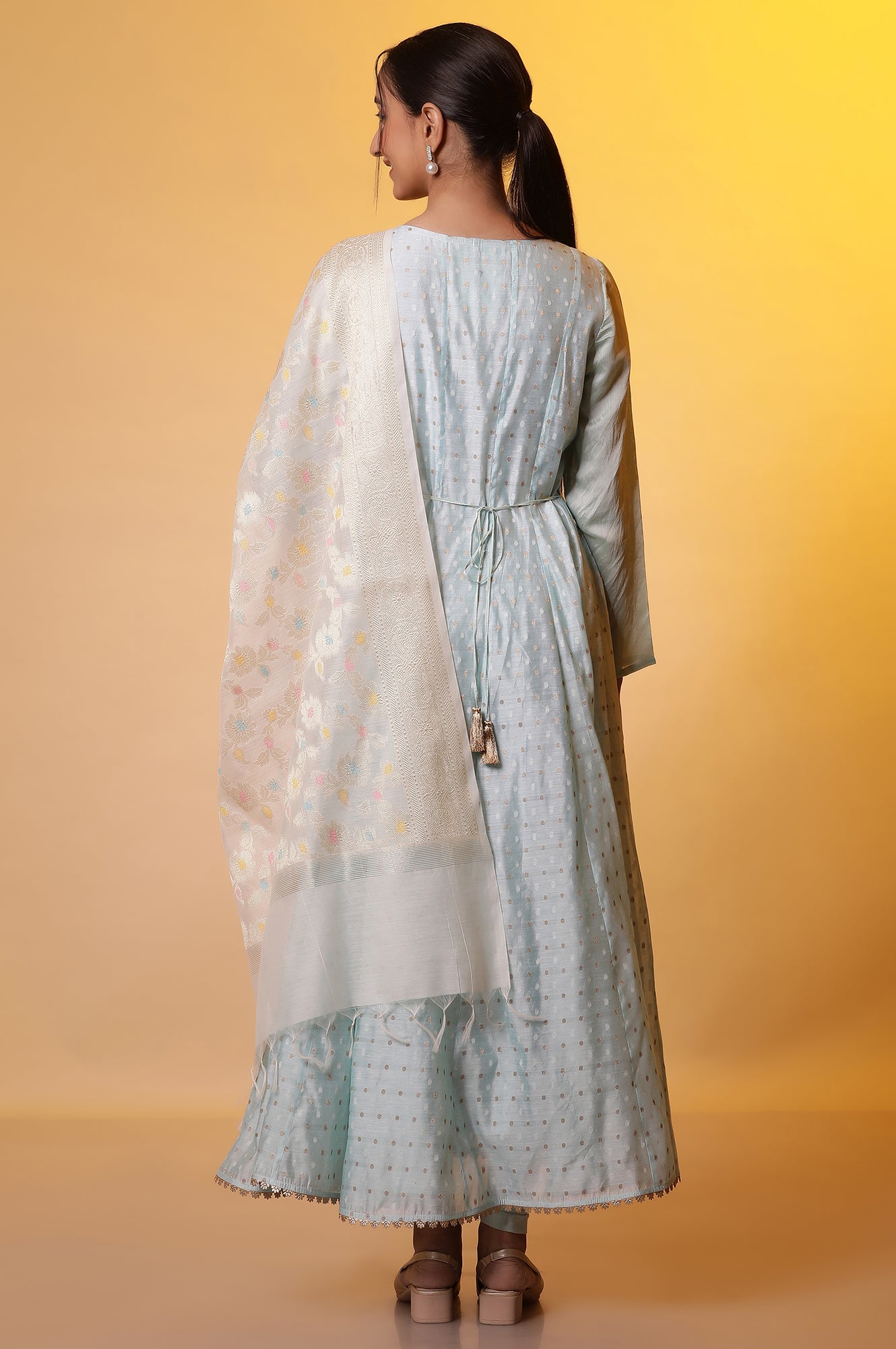 Blue Yarn-Dyed Anarkali Kurta, Tights and Dupatta Set