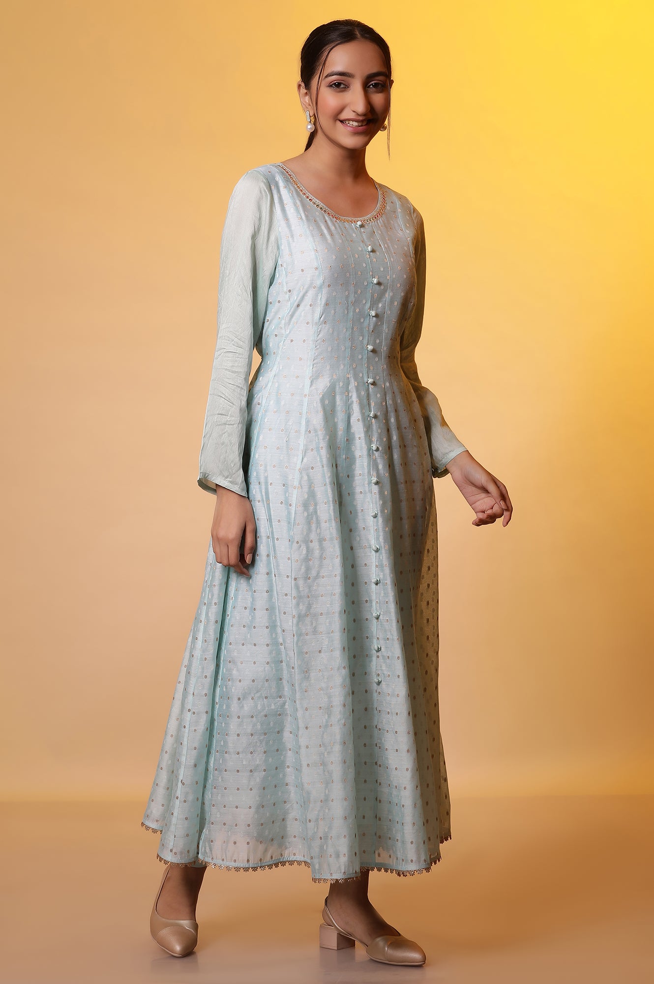 Blue Yarn-Dyed Anarkali Kurta, Tights and Dupatta Set