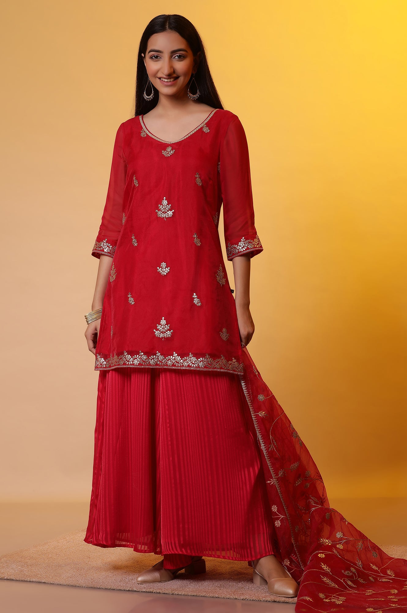 Red Embroidered Short Kurta, Flared Palazzo and Organza Dupatta Set