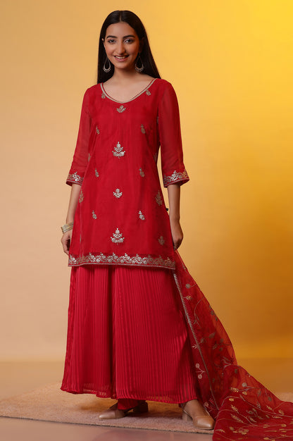 Red Embroidered Short Kurta, Flared Palazzo and Organza Dupatta Set