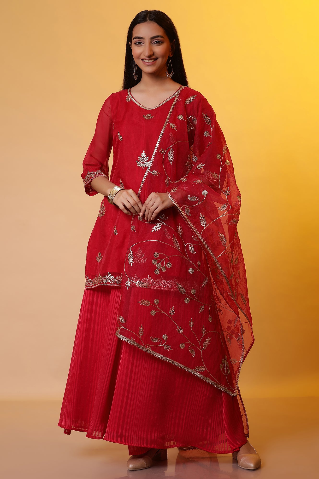 Red Embroidered Short Kurta, Flared Palazzo and Organza Dupatta Set