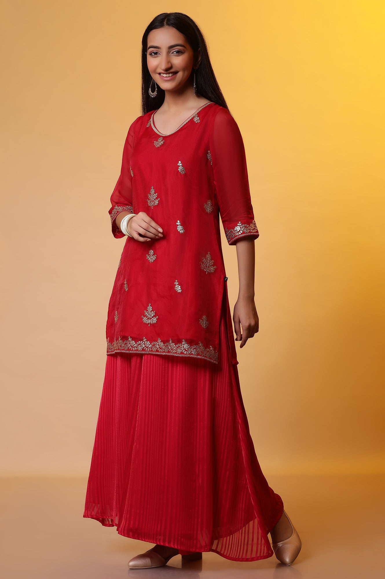 Red Embroidered Short Kurta, Flared Palazzo and Organza Dupatta Set