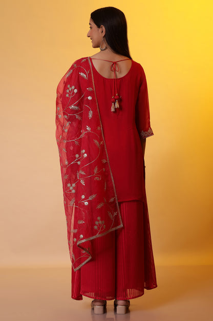 Red Embroidered Short Kurta, Flared Palazzo and Organza Dupatta Set