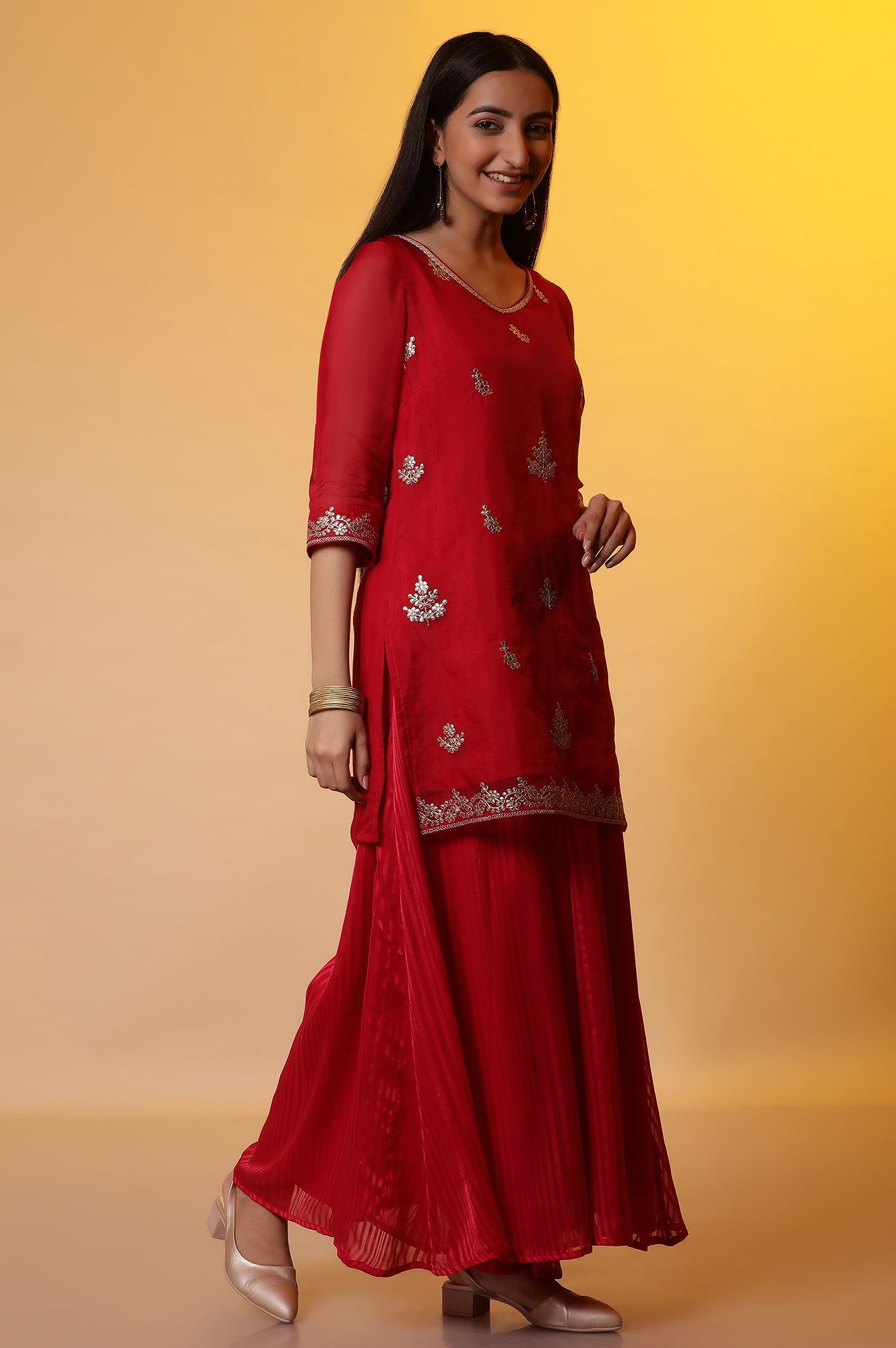 Red Embroidered Short Kurta, Flared Palazzo and Organza Dupatta Set