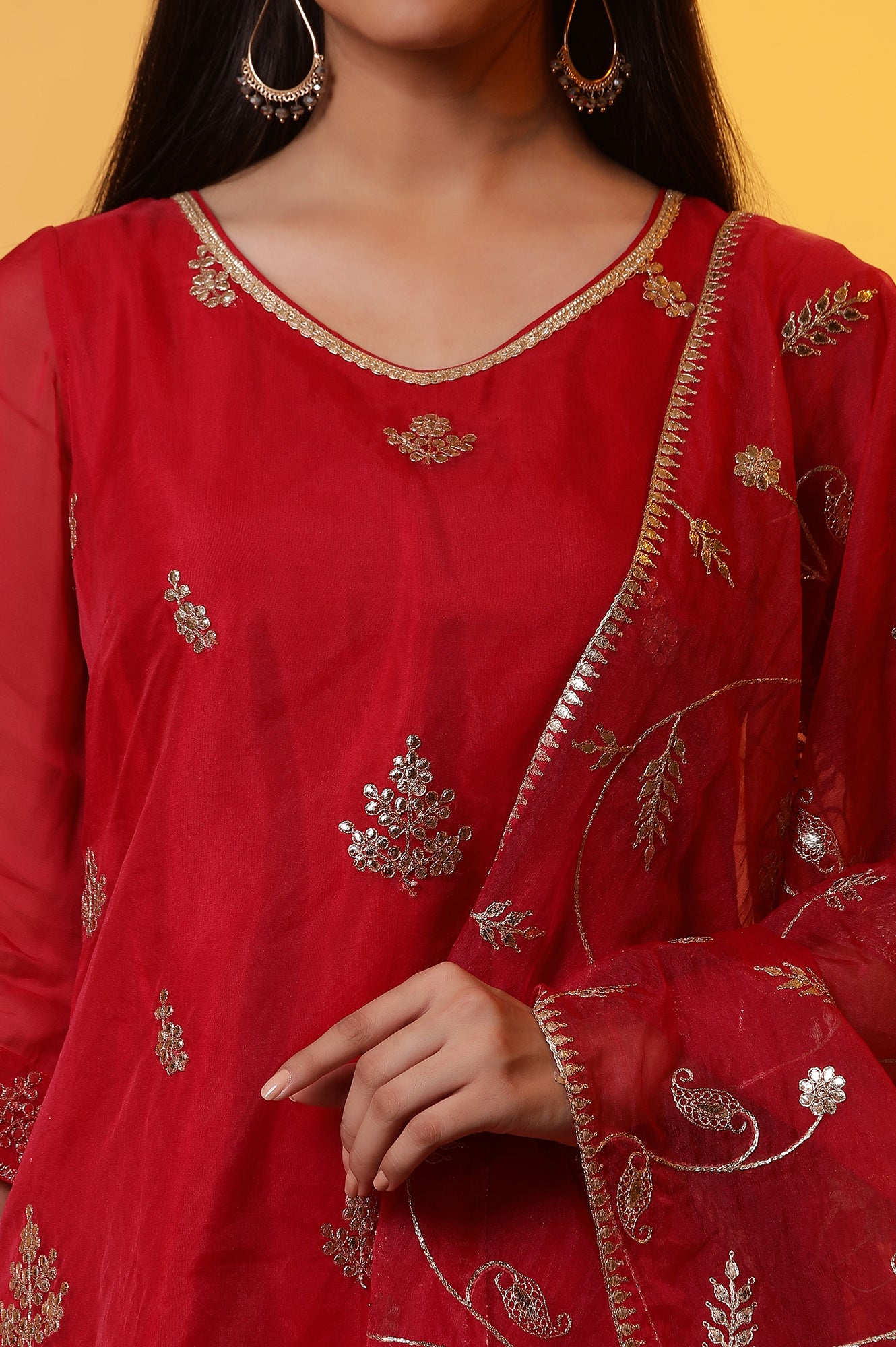 Red Embroidered Short Kurta, Flared Palazzo and Organza Dupatta Set