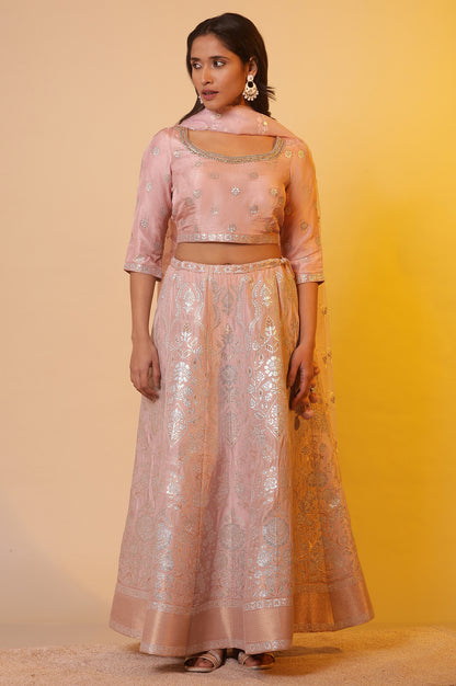 Pink Jacquard Festive Crop Top, Skirt and Dupatta Set