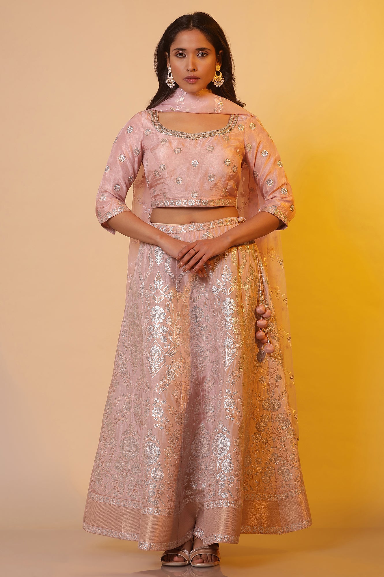 Pink Jacquard Festive Crop Top, Skirt and Dupatta Set