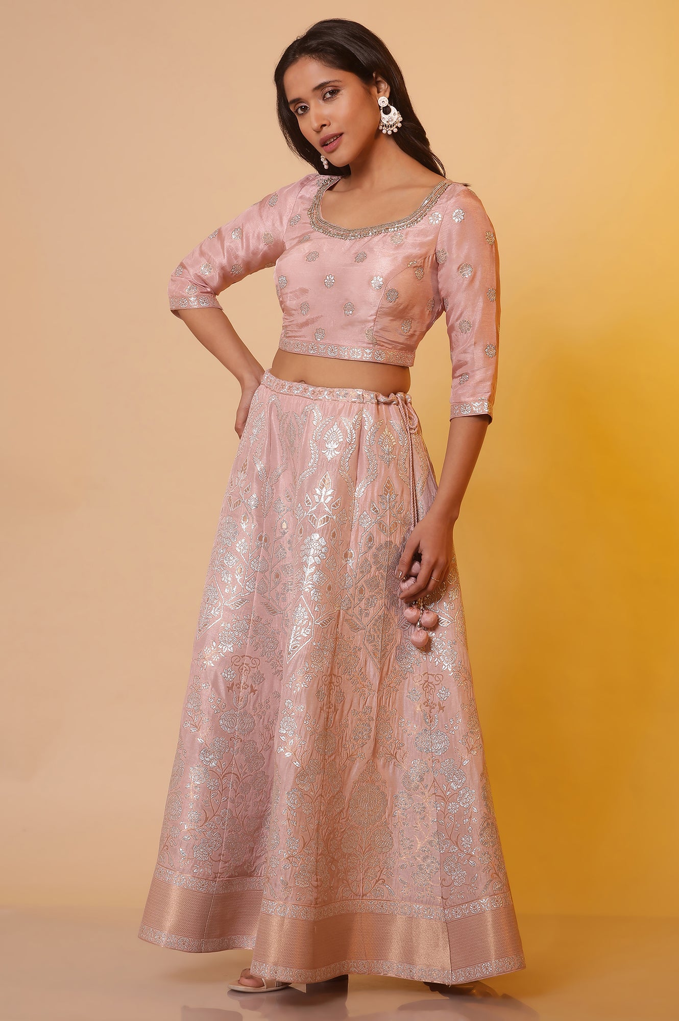 Pink Jacquard Festive Crop Top, Skirt and Dupatta Set