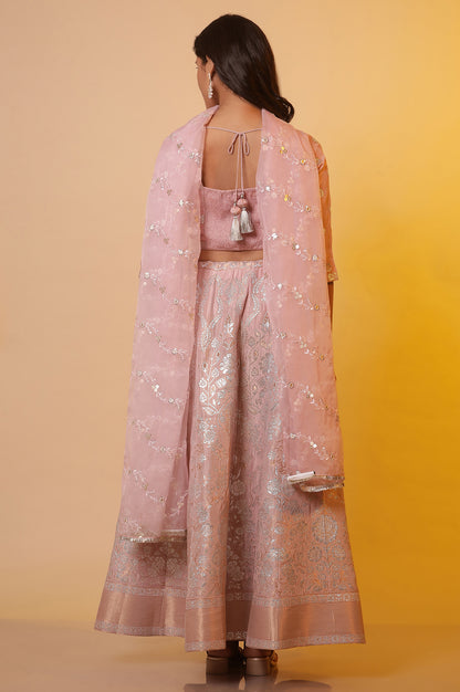 Pink Jacquard Festive Crop Top, Skirt and Dupatta Set