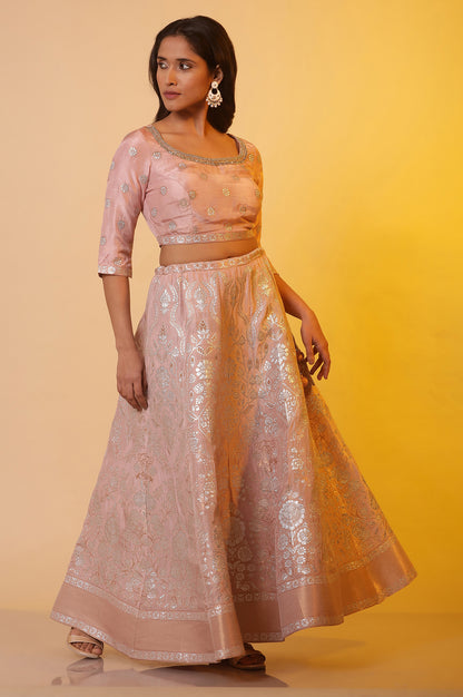 Pink Jacquard Festive Crop Top, Skirt and Dupatta Set