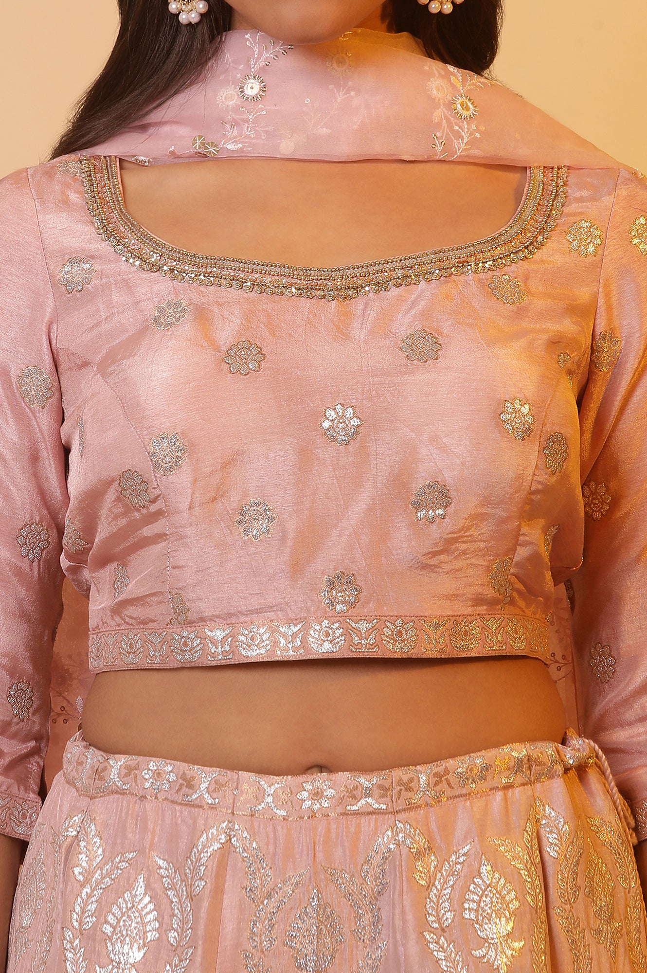 Pink Jacquard Festive Crop Top, Skirt and Dupatta Set