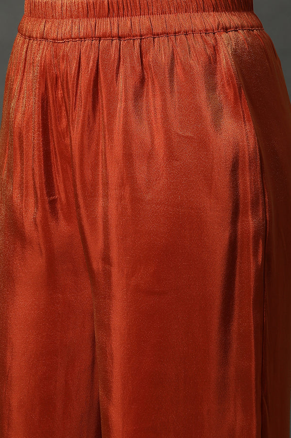 Rust Orange Metallic Embroidered Kurta, Pants and Banarsi Dupatta Set