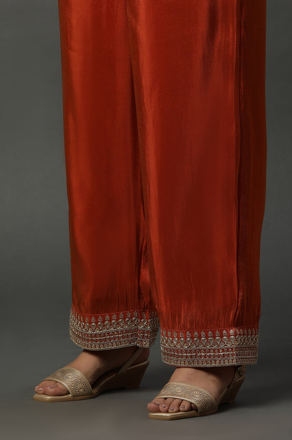 Rust Orange Metallic Embroidered Kurta, Pants and Banarsi Dupatta Set