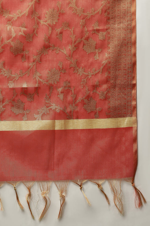 Rust Orange Metallic Embroidered Kurta, Pants and Banarsi Dupatta Set