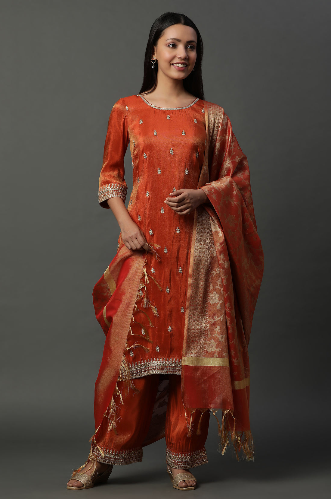 Rust Orange Metallic Embroidered Kurta, Pants and Banarsi Dupatta Set