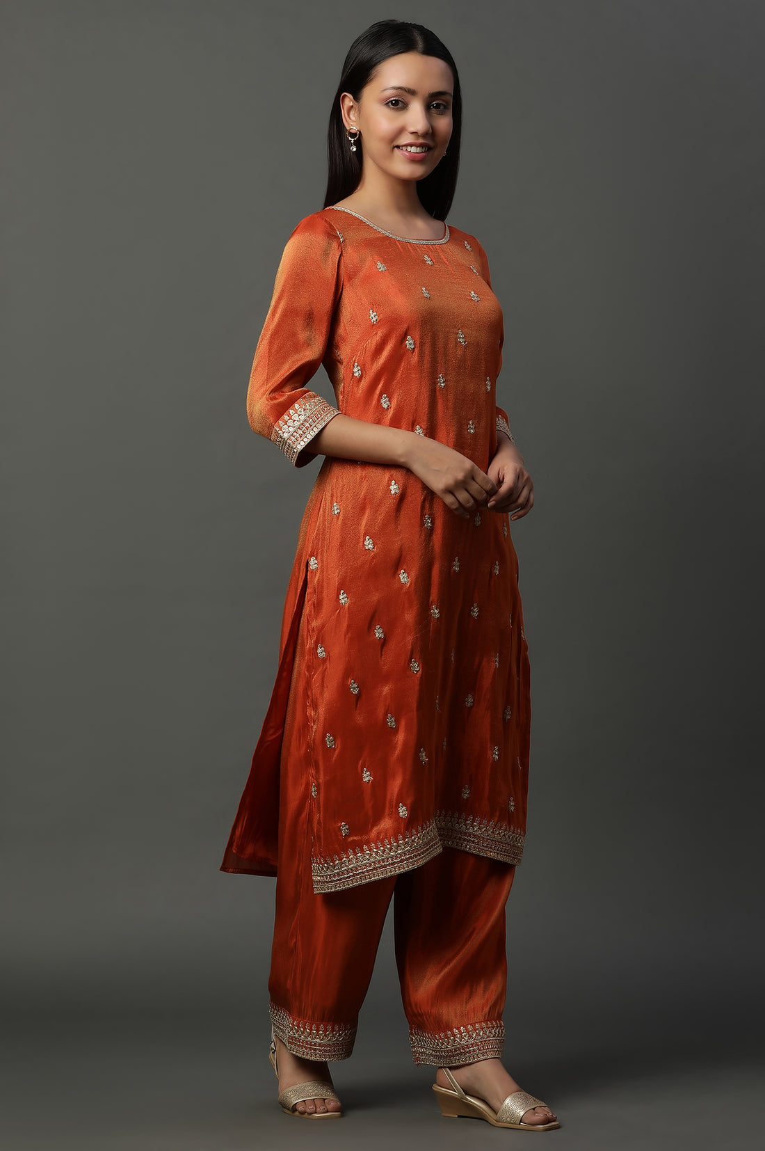 Rust Orange Metallic Embroidered Kurta, Pants and Banarsi Dupatta Set