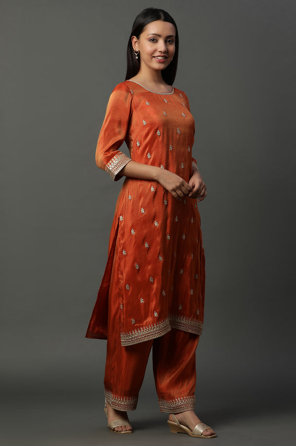 Rust Orange Metallic Embroidered Kurta, Pants and Banarsi Dupatta Set