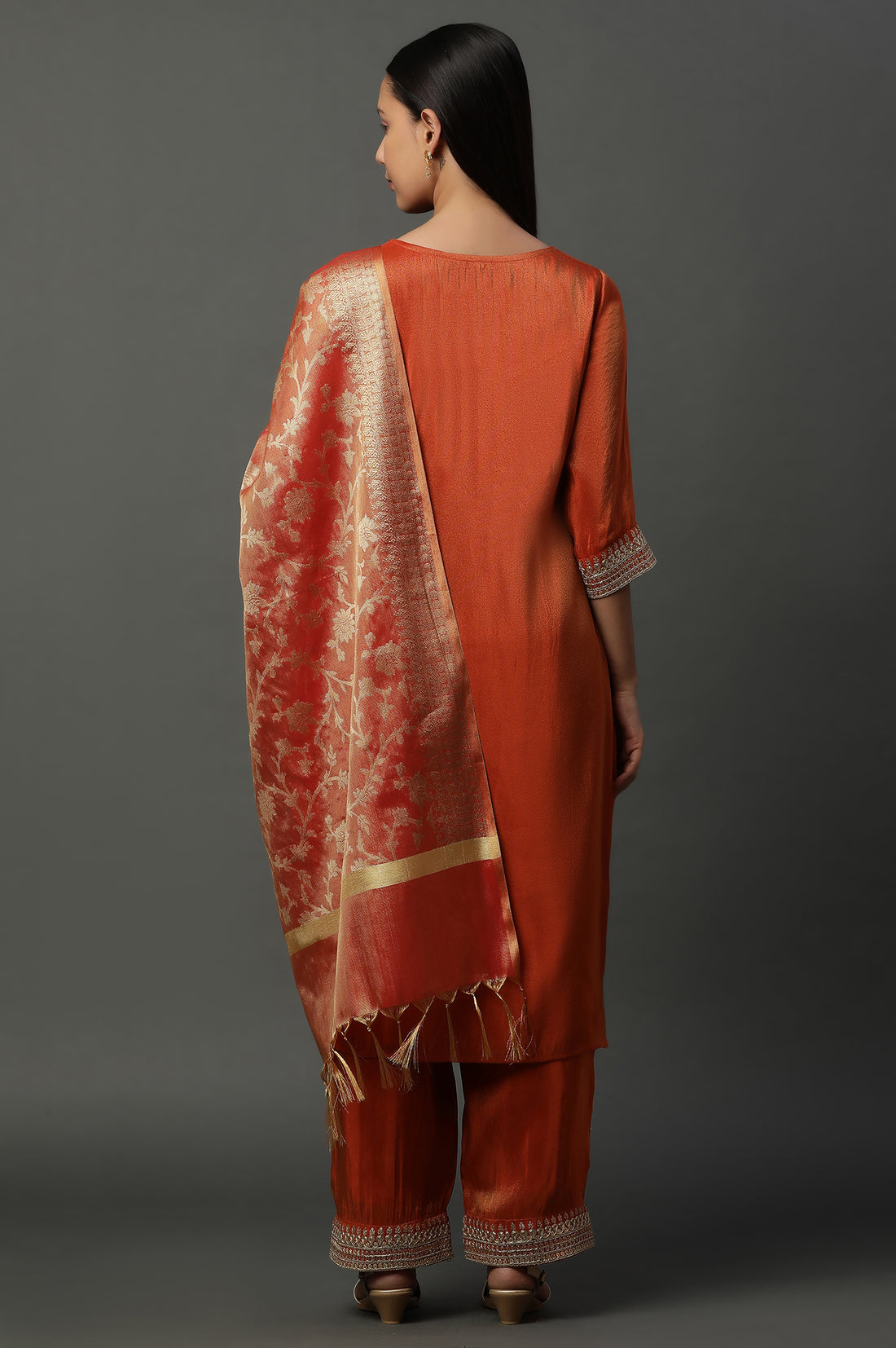 Rust Orange Metallic Embroidered Kurta, Pants and Banarsi Dupatta Set