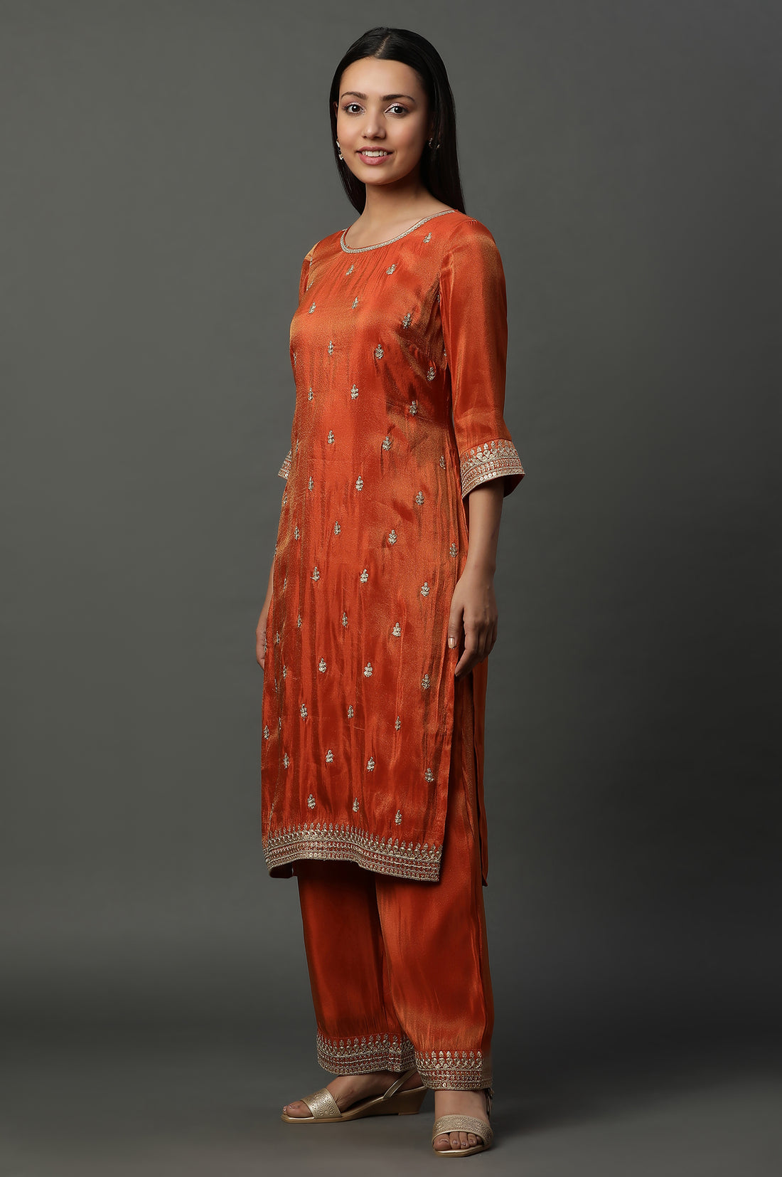 Rust Orange Metallic Embroidered Kurta, Pants and Banarsi Dupatta Set