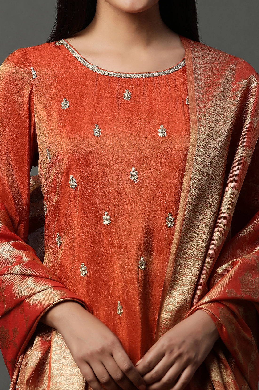 Rust Orange Metallic Embroidered Kurta, Pants and Banarsi Dupatta Set