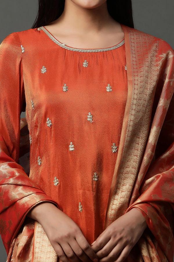 Rust Orange Metallic Embroidered Kurta, Pants and Banarsi Dupatta Set
