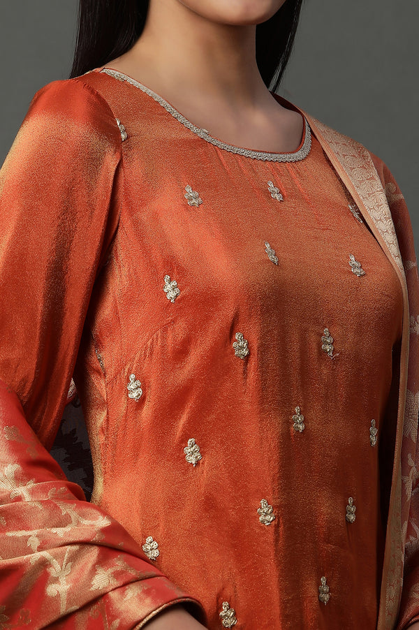 Rust Orange Metallic Embroidered Kurta, Pants and Banarsi Dupatta Set