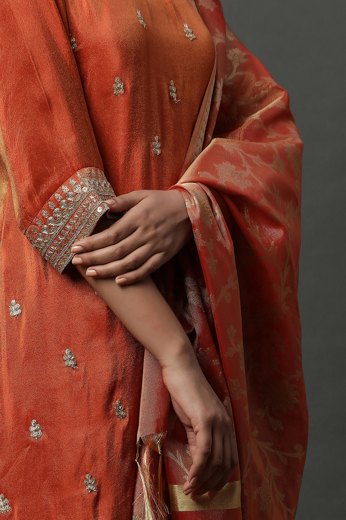 Rust Orange Metallic Embroidered Kurta, Pants and Banarsi Dupatta Set