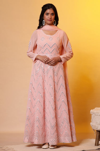 Pink Mirror Embroidered Anarkali Dress and Dupatta Set