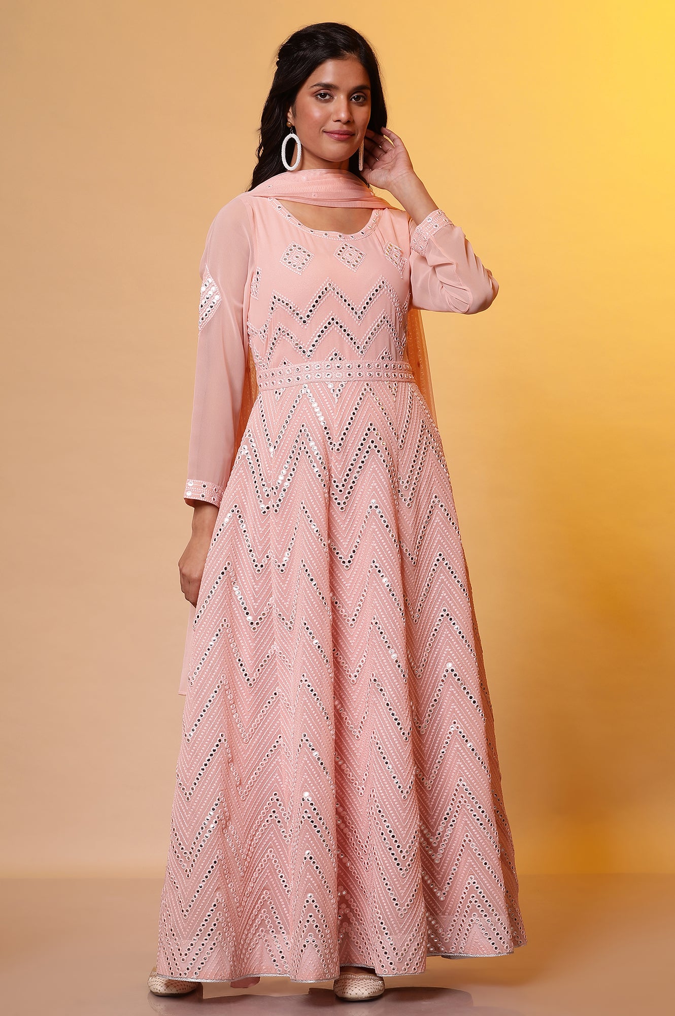 Pink Mirror Embroidered Anarkali Dress and Dupatta Set