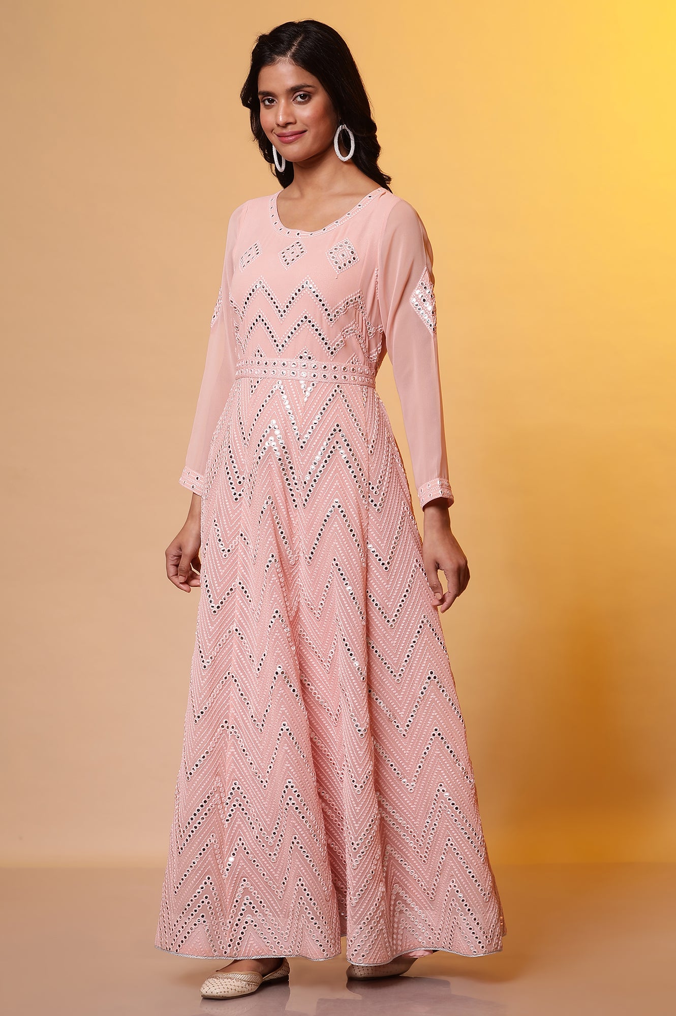 Pink Mirror Embroidered Anarkali Dress and Dupatta Set