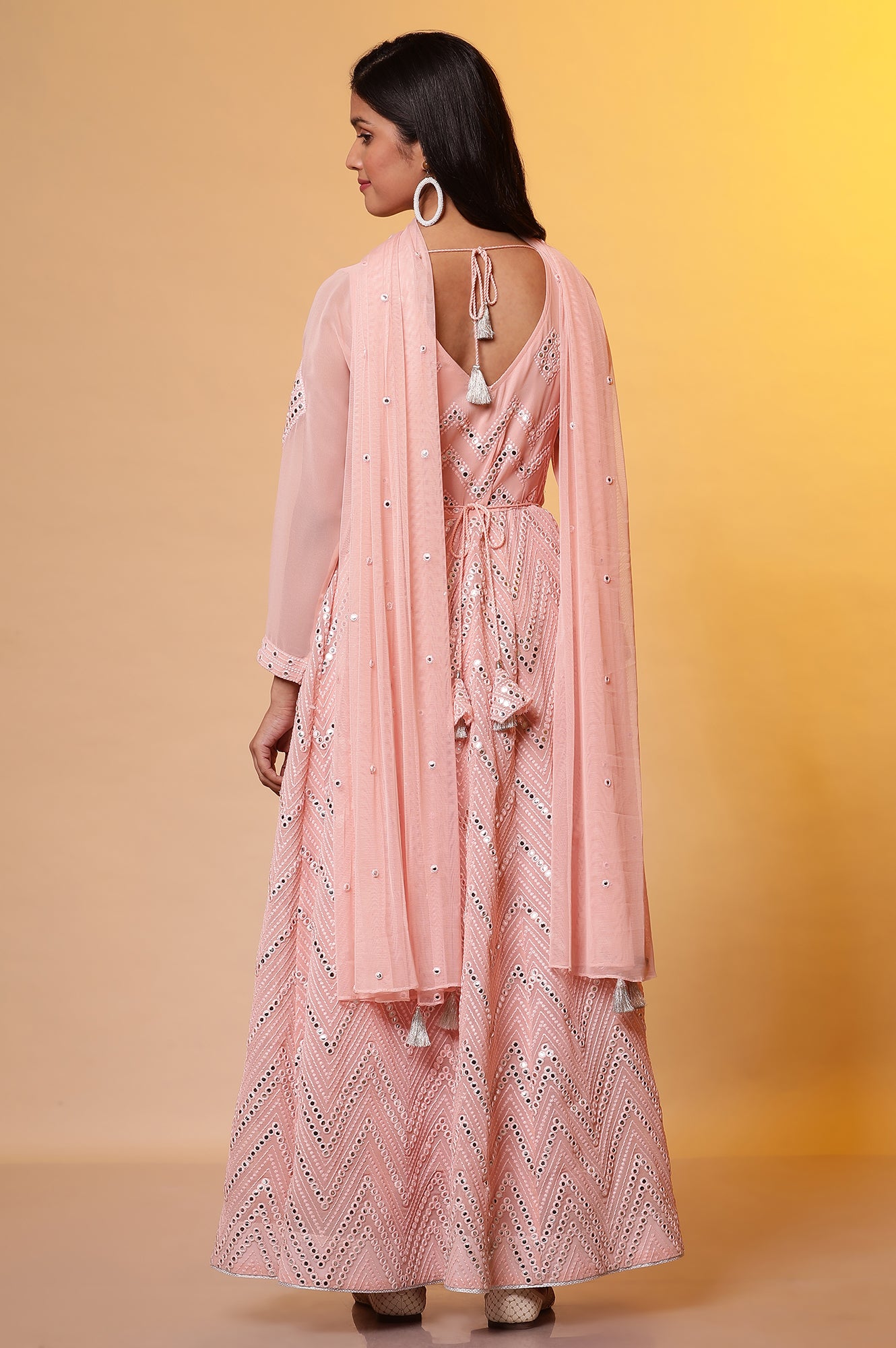 Pink Mirror Embroidered Anarkali Dress and Dupatta Set