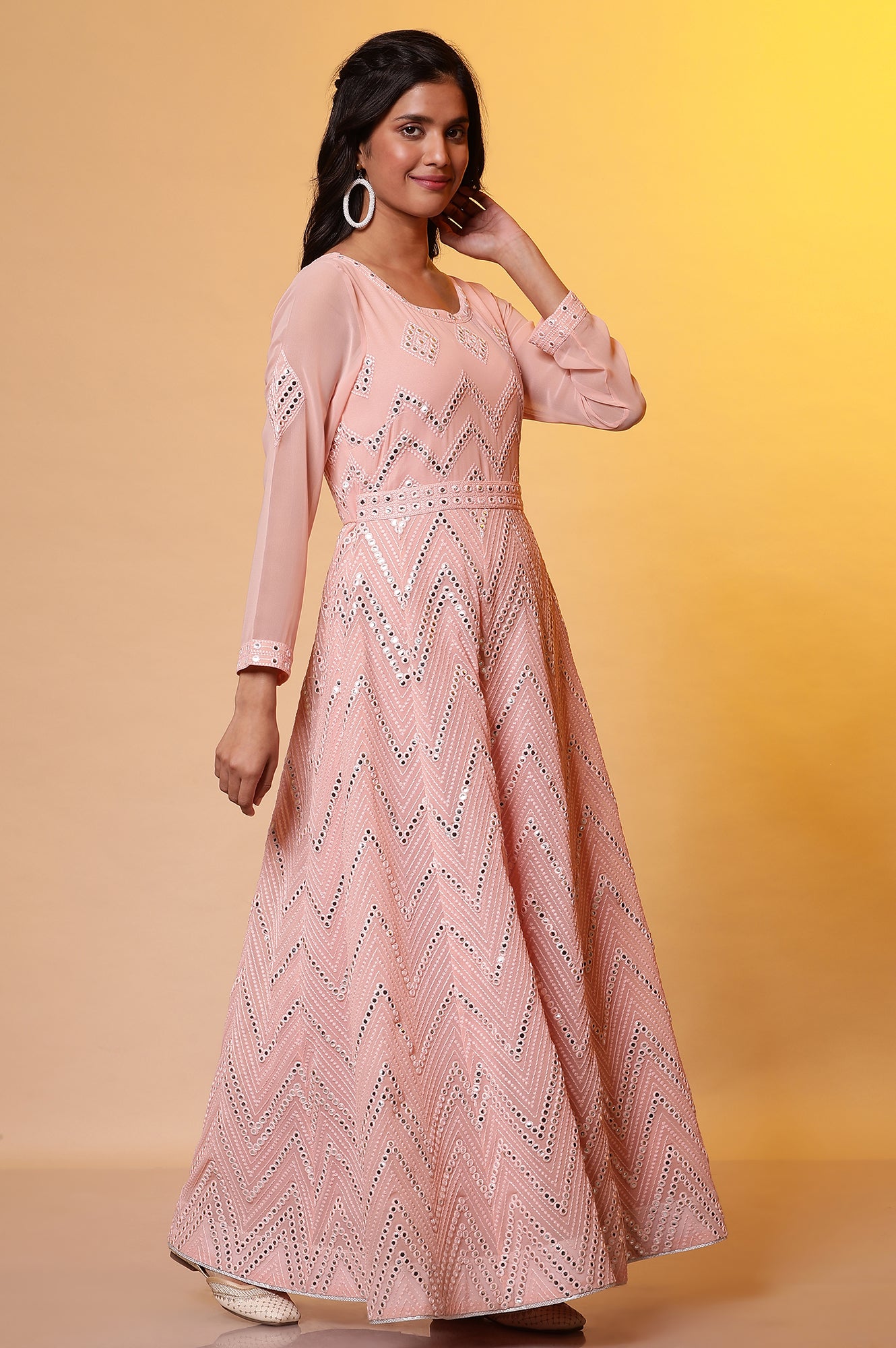 Pink Mirror Embroidered Anarkali Dress and Dupatta Set