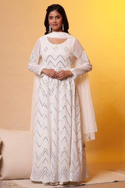 Off-White Mirror Embroidered Anarkali Dress and Dupatta Set