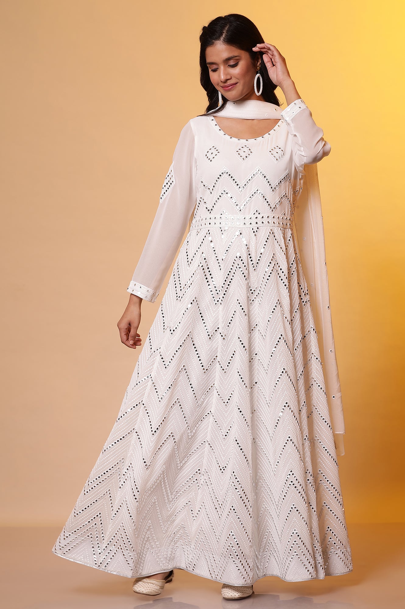 Off-White Mirror Embroidered Anarkali Dress and Dupatta Set