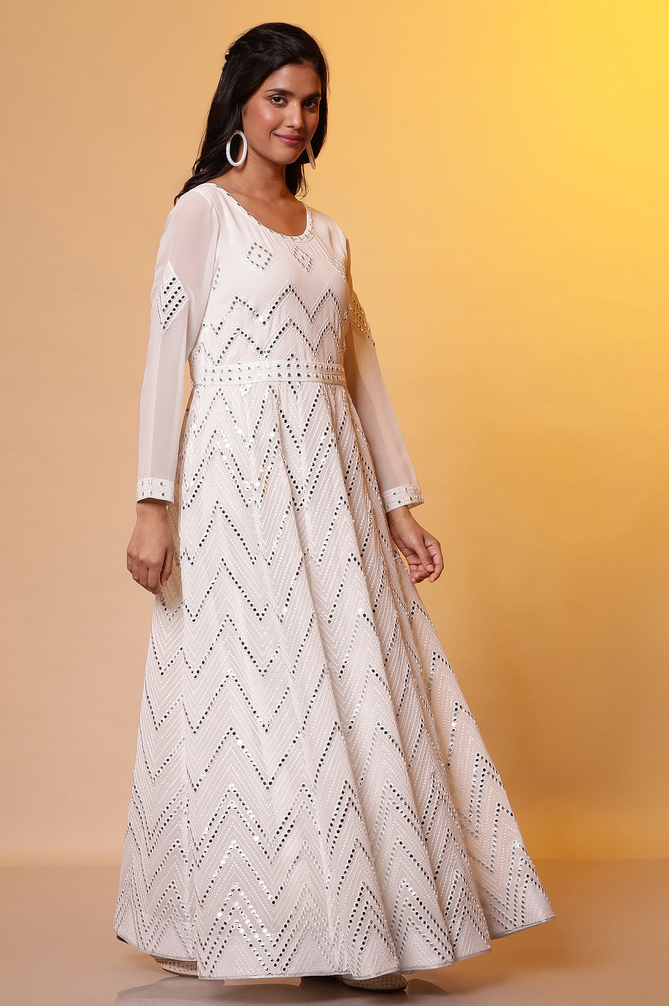 Buy Off White Mirror Embroidered Anarkali Dress and Dupatta Set Online for Woman Shop for Aurelia