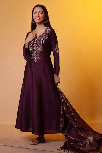 Purple Anarkali Dori Embroidered Kurta, Tights and Dupatta Set