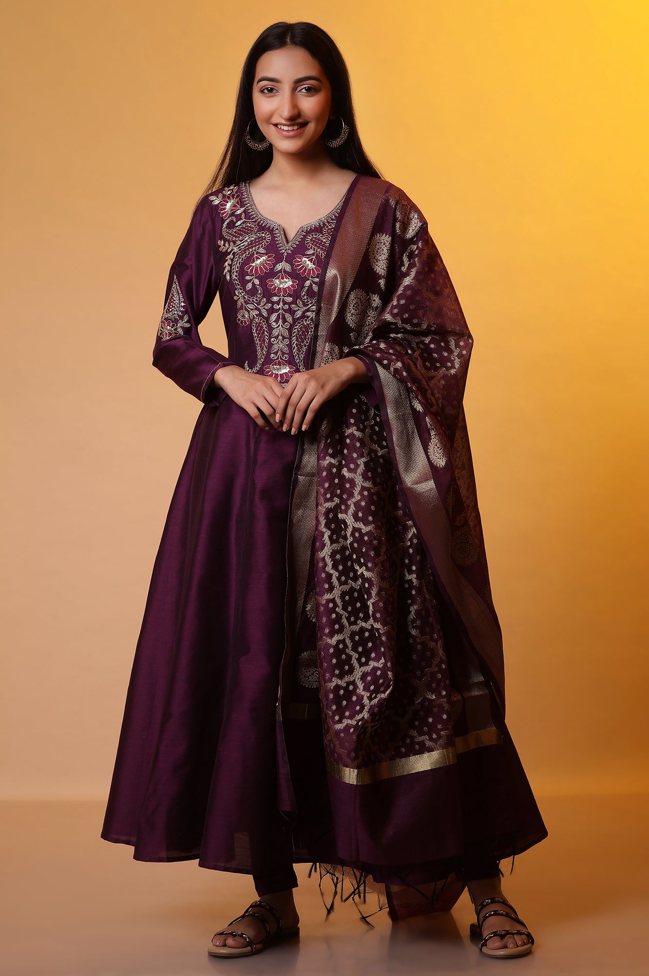 Purple Anarkali Dori Embroidered Kurta, Tights and Dupatta Set